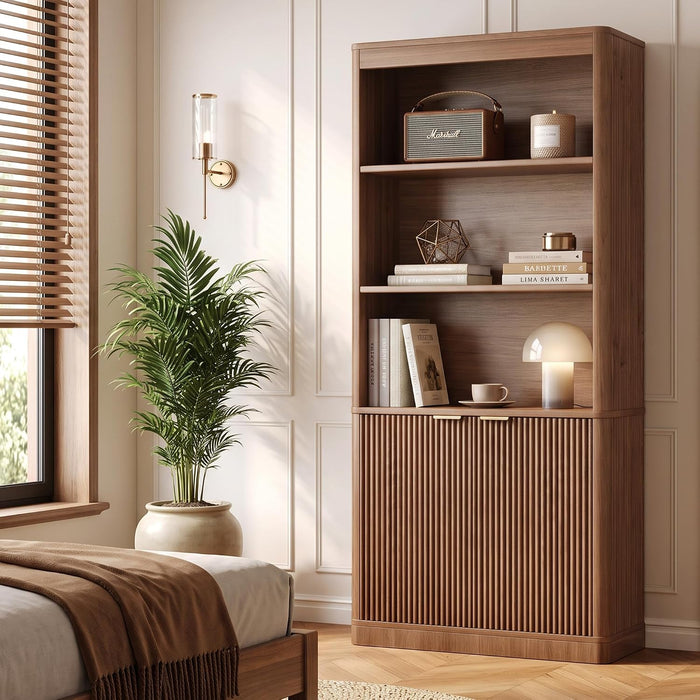 72'' Tall Bookshelf with Doors, 5-Tier Wooden Storage Bookcase with Fluted Doors & Side Panels, Adjustable Shelf, Gold Handles for Living Room, Bedroom, Home Office, Dark Walnut