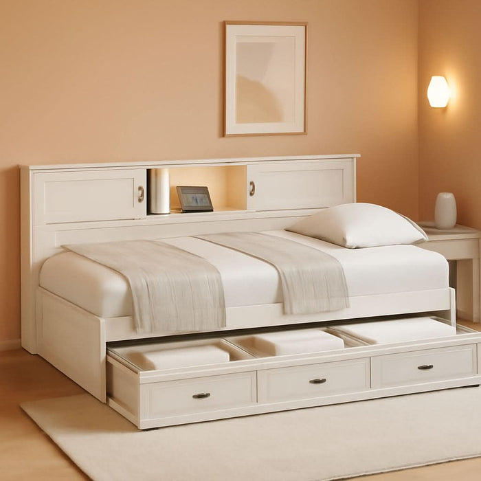 Full Size Corner Bed Frames with Storage Drawers, USB Port, Led Downlight Headboard & Bookcase, Wooden L-Shaped Captain Daybed for Small Room, Bedroom, Guest Room, Kids'Room, White
