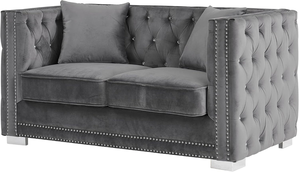 Grey Velvet Loveseat: Button-Tufted, Nailhead Trim, Modern Style