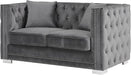 Grey Velvet Loveseat: Button-Tufted, Nailhead Trim, Modern Style