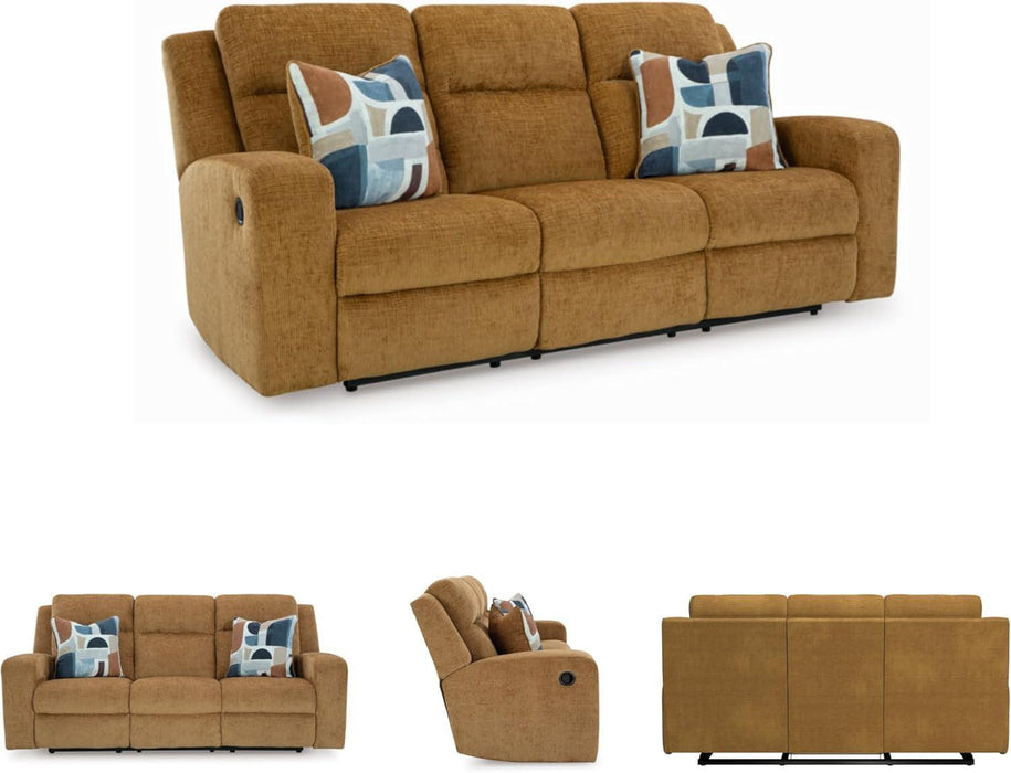 Kanlow Contemporary Manual Reclining Sofa with 2 Accent Pillows, Light Brown
