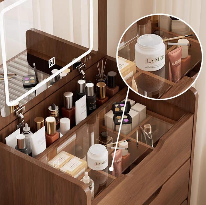 Walnut Compact Vanity Desk With Illuminated Mirror
