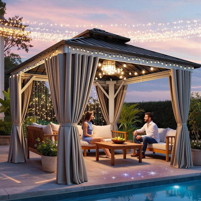 10X10FT Gazebo Patios Hard Top Outdoor Double Roof Canopy Aluminum Frame Metal Top Garden Gazebo with Curtains Netting for Backyards Decks Lawns, White