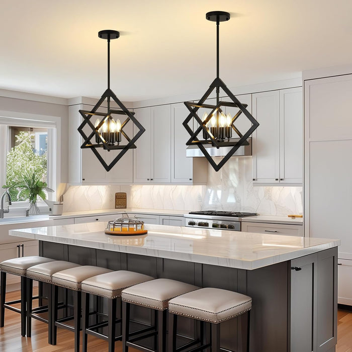 18" Black Chandelier, 4-Light Farmhouse Geometric Ceiling Dining Room Fixture, Modern Rustic Foyer Lighting Fixtures, Industrial Hanging Light Fixture Pendant Lights for Kitchen Island, Entryway