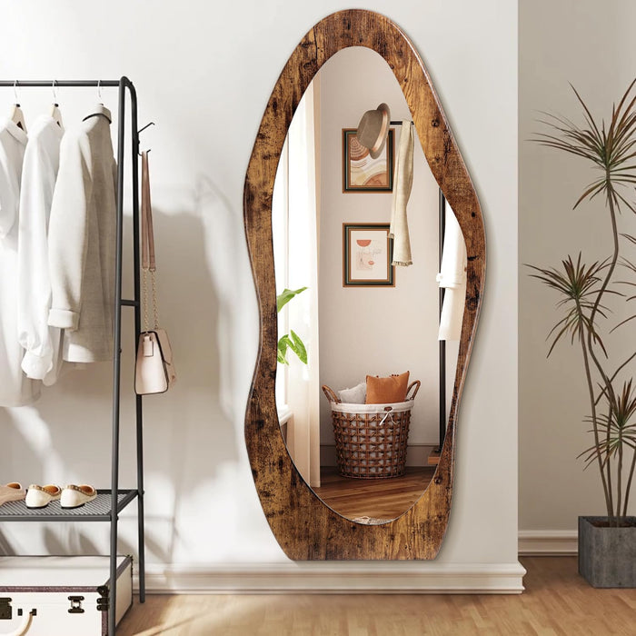 Full Length Mirror Wood Framed Full Body Mirror Wavy Retro Brown