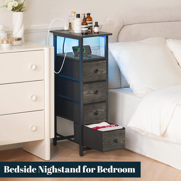 Narrow Dresser for Bedroom, LED Skinny Nightstand with Charging Station, Small Dresser Night Stand, Slim Tall Bedside Table Storage Cabinet, Narrow Side Table for Small Spaces