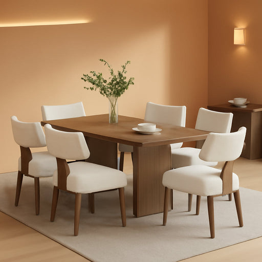 Mid Century Modern Dining Chairs Set of 6 Upholstered Linen Fabric Dining Chairs Curved Backrest Farmhouse Dining Room Chairs Kitchen Chairs with Wood Legs, Beige