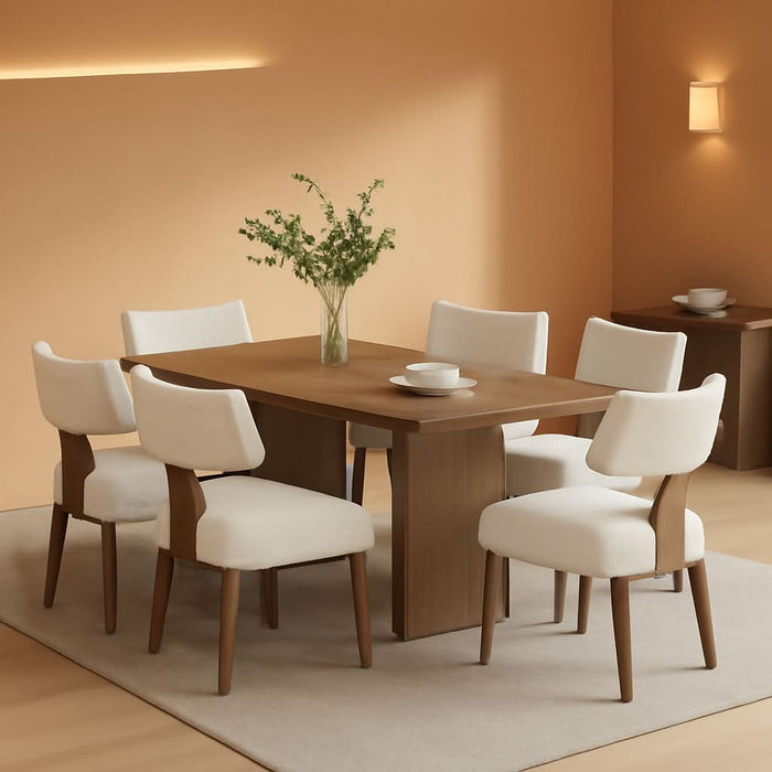 Mid Century Modern Dining Chairs Set of 6 Upholstered Linen Fabric Dining Chairs Curved Backrest Farmhouse Dining Room Chairs Kitchen Chairs with Wood Legs, Beige