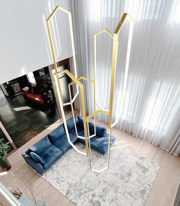 6-Rings Chandelier Modern, Gold Large Contemporary LED Light for Living Room Entrance, Dimmable Flush Mount High Ceiling Chandeliers with Remote Control for Villa Foyer