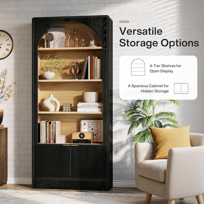 71" Tall Arched Bookcase, 5-Tier Black Bookshelf with Storage Cabinet, Modern Freestanding Wooden Bookshelves Open Display for Living Room, Home Office, Study