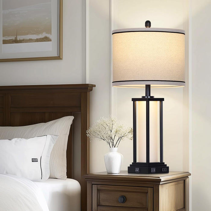 27Inch Tall Bedside Table Lamps with Charging Ports for Living Room,Traditional Lamp with Night Light for Bedroom Nightstand,Single Black
