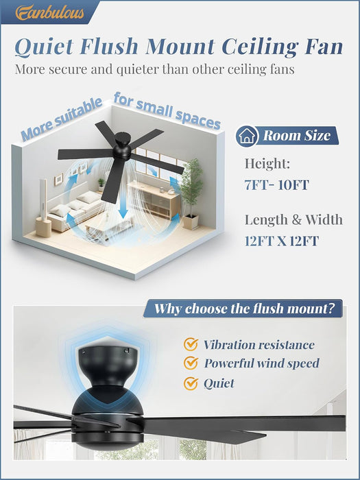 Black 48 Inch Modern Flush Ceiling Fan