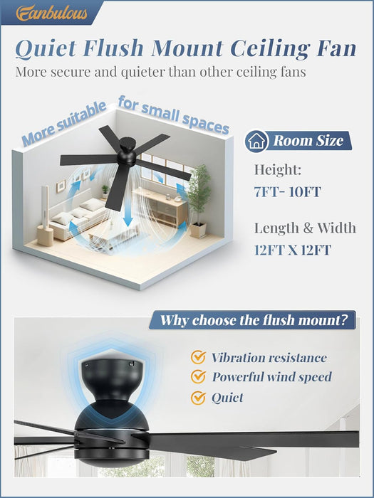 48 Inch Flush Mount Ceiling Fan No Light, Black Ceiling Fan with Remote, 6-Speeds, Quiet Reversible DC Motor, Indoor/Outdoor Ceiling Fans without Lights for Patio, Living Room, Bedroom