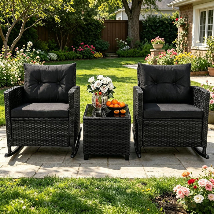 3 Pieces Patio Rocking Chair, Black Wicker Bistro Set (Black)