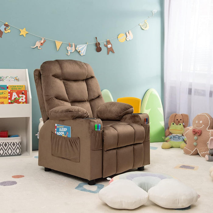 Kids Recliner Chair with Cup Holder, Adjustable Velvet Lounge Chair W/Footrest & Side Pockets for Children Boys Girls Room, Ergonomic Toddler Furniture Sofa, Kids Recliner (Brown)