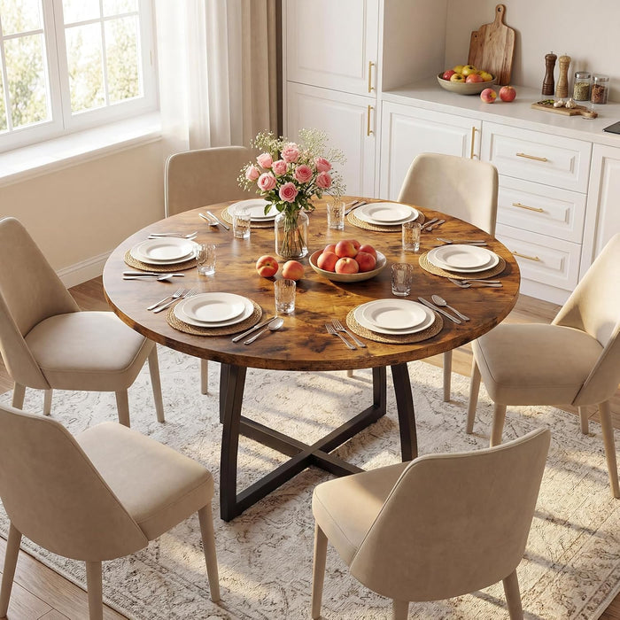 47.2-Inch round Dining Table for 4, Kitchen Dining Room Circle Dinner Pedestal Table, Farmhouse Kitchen Table with Retro Brown Tabletop, Curved Black Metal Legs, Easy Assembly TCZ13BFC1