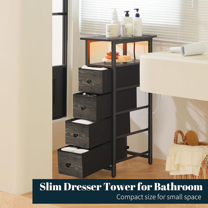 Narrow Dresser for Bedroom, LED Skinny Nightstand with Charging Station, Small Dresser Night Stand, Slim Tall Bedside Table Storage Cabinet, Narrow Side Table for Small Spaces