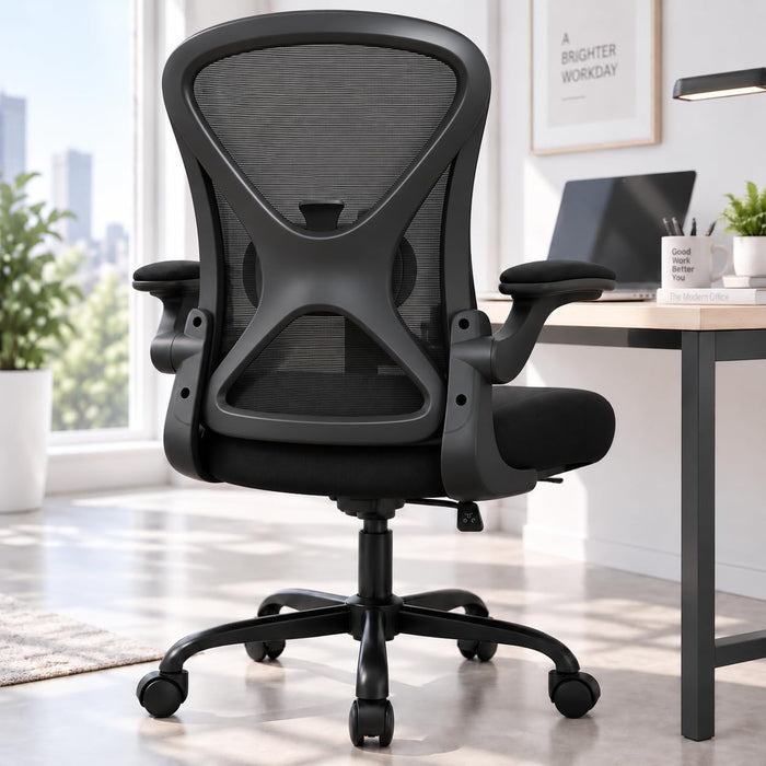 Ergonomic Office Chair with 90° Flip-Up Armrests and Adjustable Lumbar Support, Mid-Back Breathable Mesh Home Office Chair with 3.15” Thick Seat Cushion, 300Lbs Weight Capacity, 1PC, Black