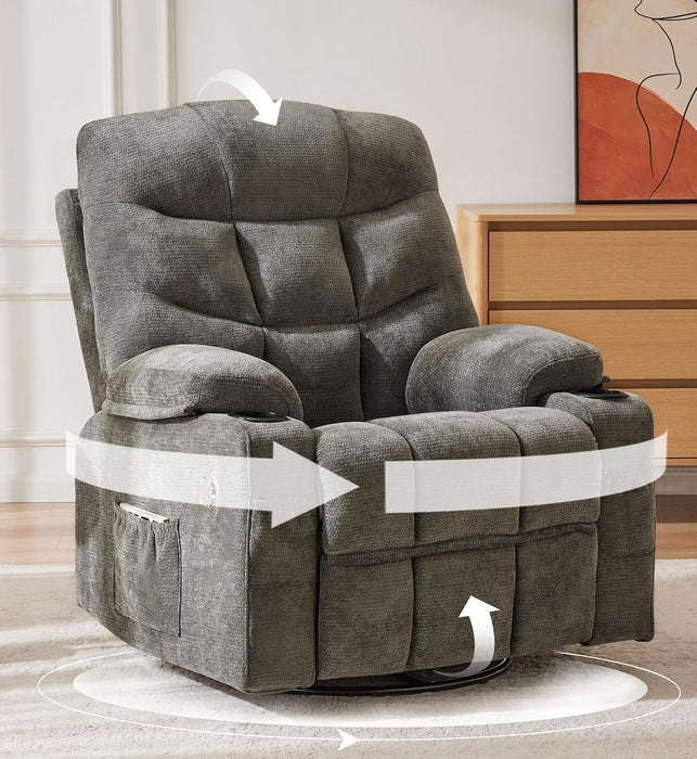 360°Swivel Rocker Recliner Chair with Cup Holders Grey, 1-Pack
