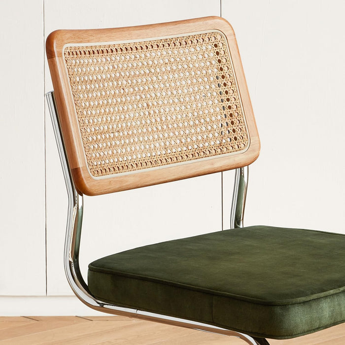 Green Rattan Dining Chairs Set of 4, Wooden Mid Century Modern Kitchen Chairs, Mesh Back Cane Dining Room Chair, Cesca Design Chairs with Metal Chrome Legs