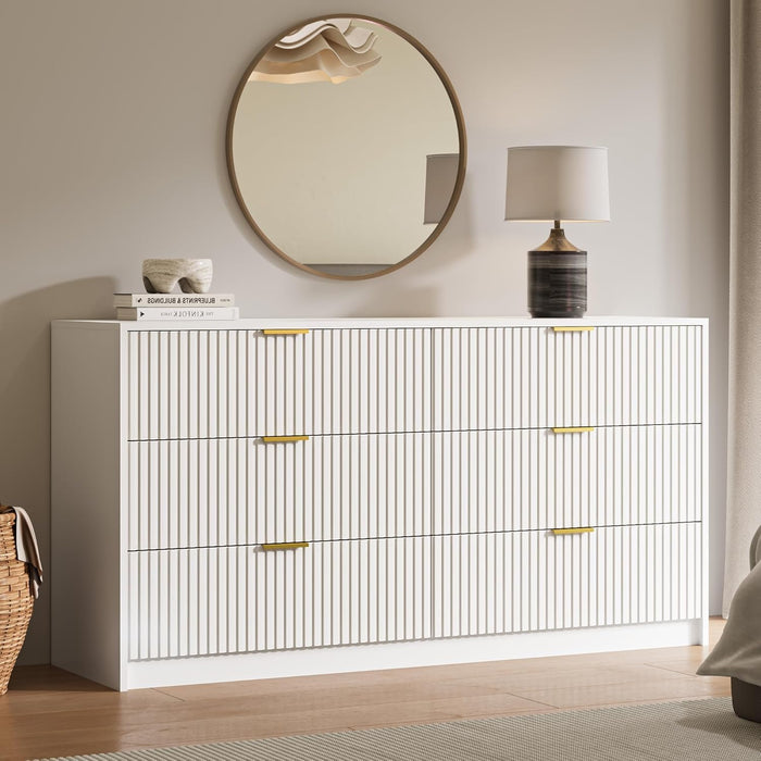 55" Wide Fluted 6-Drawer Double Dresser for Bedroom, White