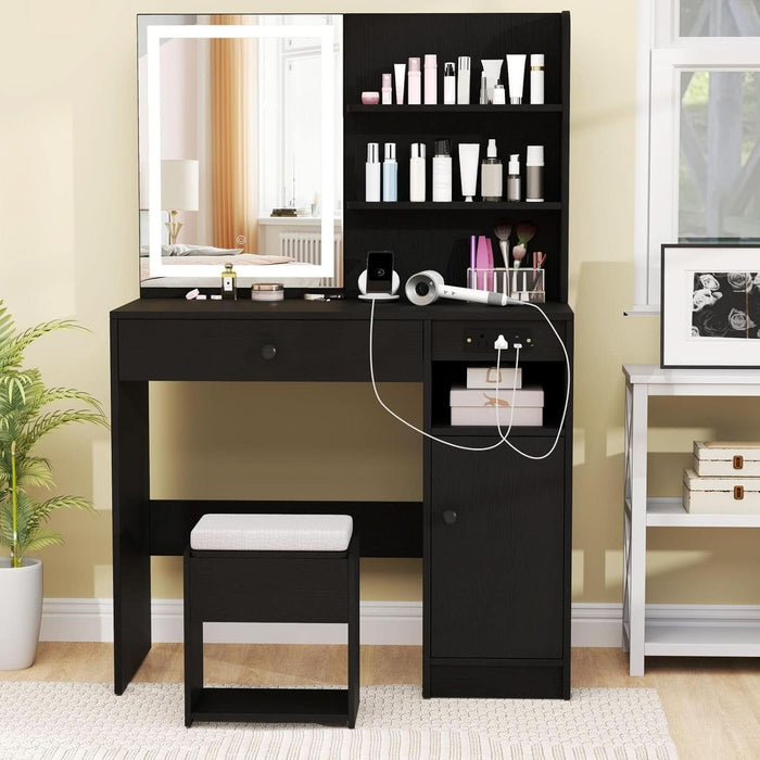 Vanity Desk with Mirror and Lights, Makeup Vanity Table with Charging Station, Storage Stool, Drawer, Cabinet, Shelves, 3 Lighting Modes, Black Modern Makeup Dressing Table for Girls Bedroom