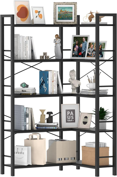 5-Shelf Corner Bookshelf, 68.5" L-Shaped Open Bookcase, Black