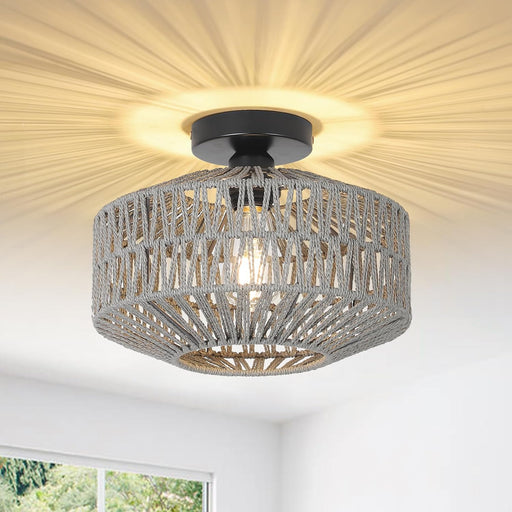 Boho Light Fixtures Ceiling Mount，Rattan Ceiling Light Fixture with Dimmable LED Bulb，Mini Hand Woven Chandelier Light Fixtures Ceilingfor Hallway Bedroom Kitchen Entryway Living Room（Grey）