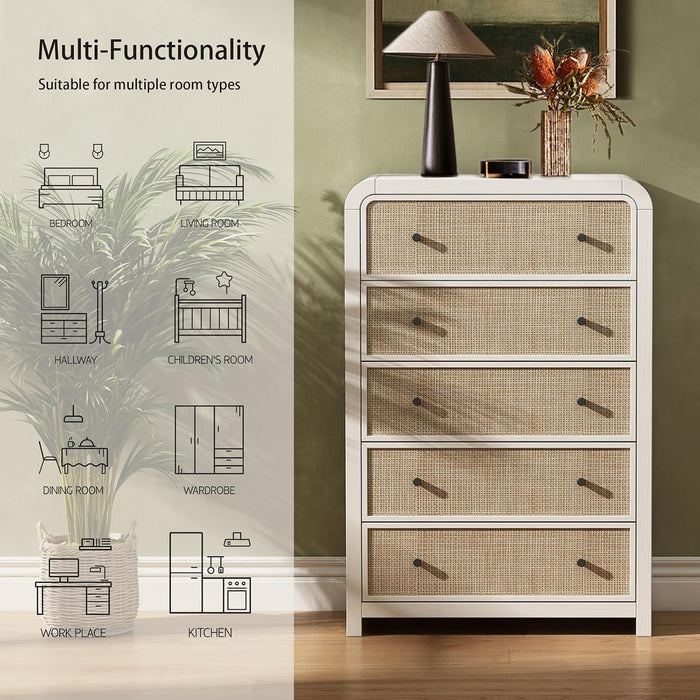 5 Drawer Tall Dresser for Bedroom, 47'' Rattan Dresser with Ample Storage, Boho Chest of Drawers, Thickened Curved Profile Design, Oak Dressers for Bedroom, Living Room
