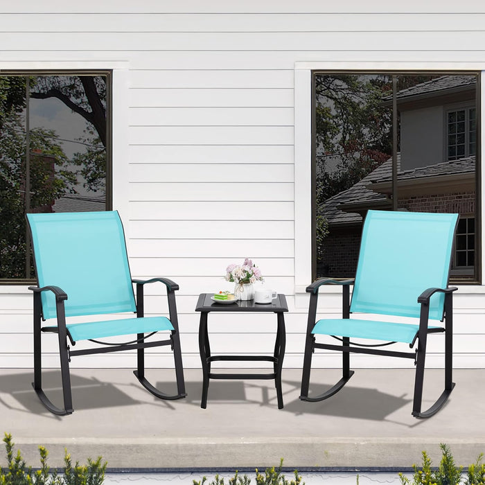 3 Piece Rocking Bistro Set, Outdoor Furniture with Rocker Chairs and Glass Coffee Table Set of 3, Balcony, Porch Furniture for Small Space, Blue