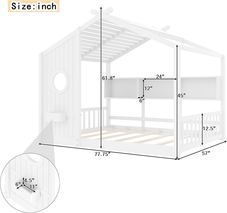 Full Size White PlayhouseStorage Bed Enclosed Roof