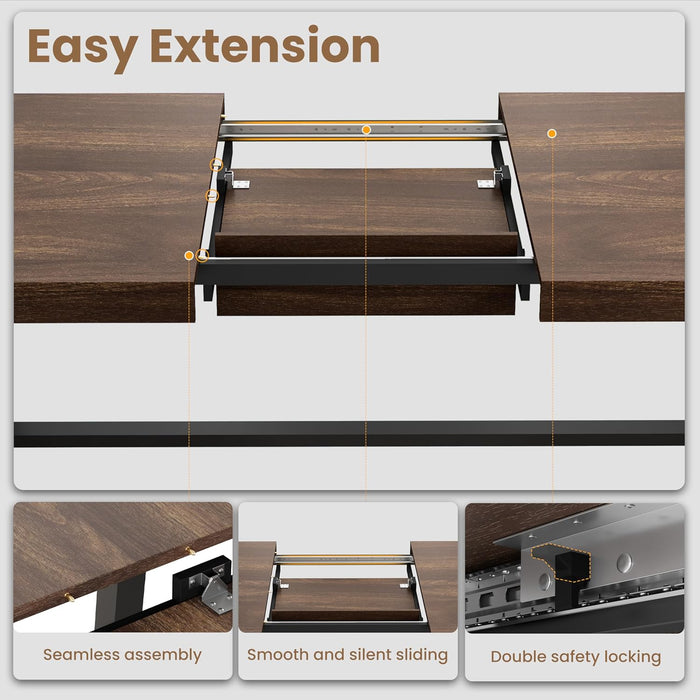 63-83" Extendable Dining Table, Industrial Rectangular Dining Room Table for 6-8 People, Expandable Kitchen Table with Heavy Duty Metal Frame for Dining Room, Kitchen & Parties, Brown
