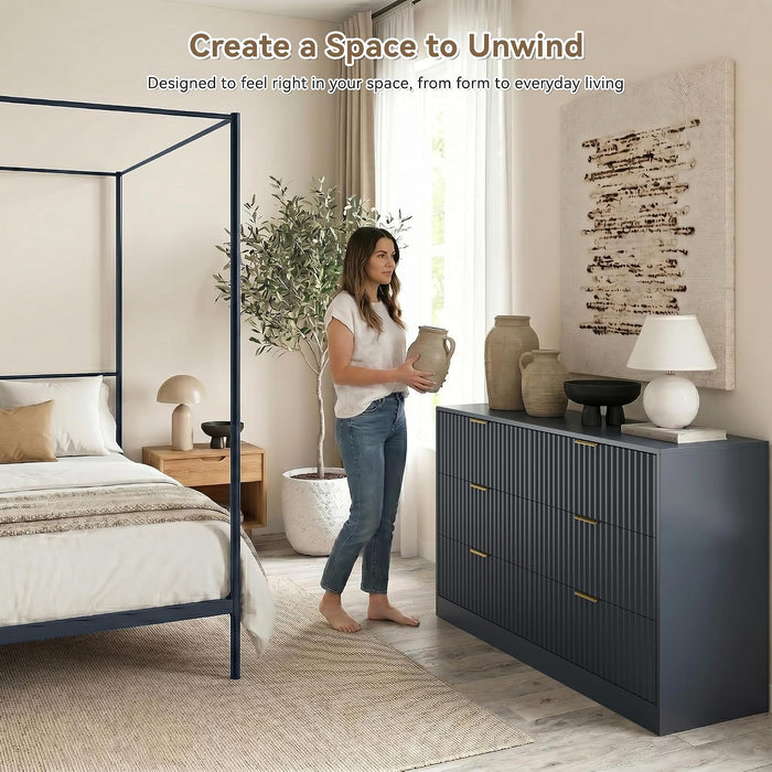 Navy Blue 6 Drawer Dresser for Bedroom, 55" Wide Fluted Chest of Drawers with Gold Metal Handles, Wood Dresser Storage Organizer Mid Century TV Stand for Living Room Closet Hallway