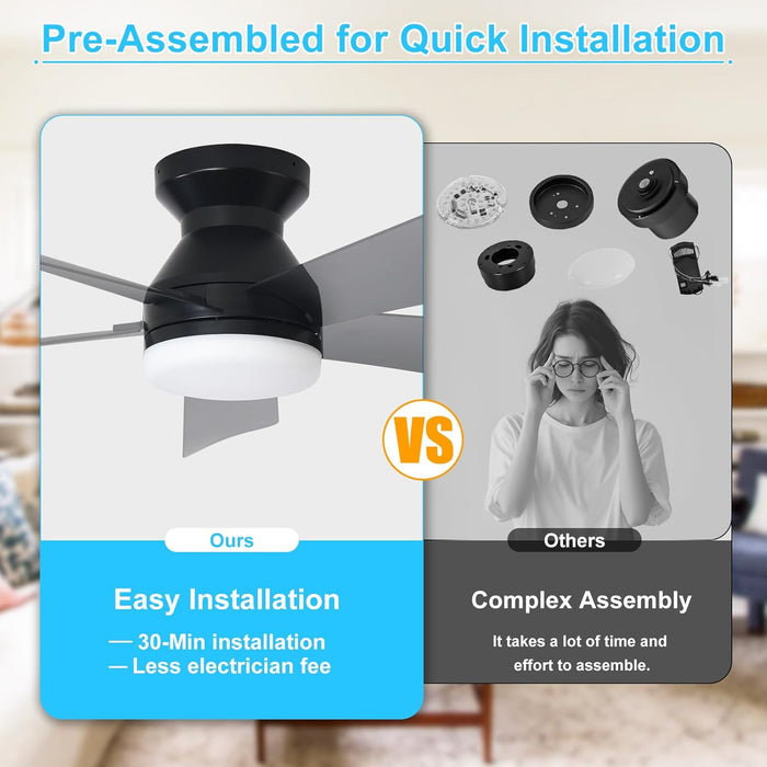 Modern Ceiling Fan with Light: 42-Inch Black Small Fans for Bedroom Indoor Outdoor - Dimmable Low Profile Ceiling Fans with Remote Control Flush Mount 5 Reversible Black Blades 6 Speeds Timer
