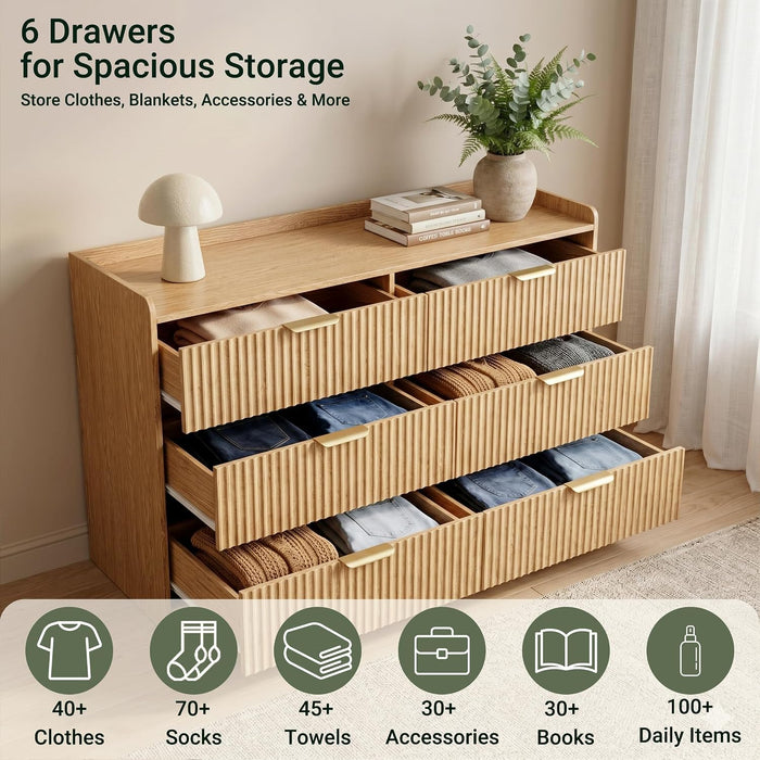 Fluted Modern 6 Drawer Dresser for Bedroom, 47"W X 26"H, Natural Oak