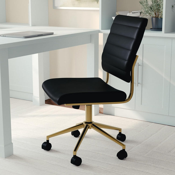 Ivy Armless Swivel Task Chair for Home Office in Black Faux Leather with Polished Brass Frame