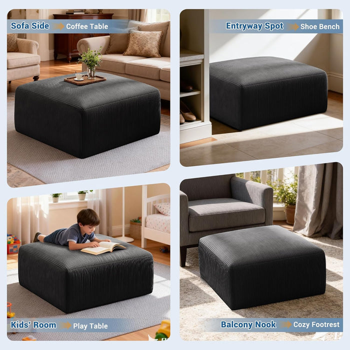 40" Square Stuffed Ottoman Pouf for Sofa Couch, Corduroy Poufs with Foam Chunk Filling, Furry & Fluffy Pouf Footstool Movable Ottoman. 40*31 Floor Poufs Foot Rest for Living Room, Black(2 Piece Set)