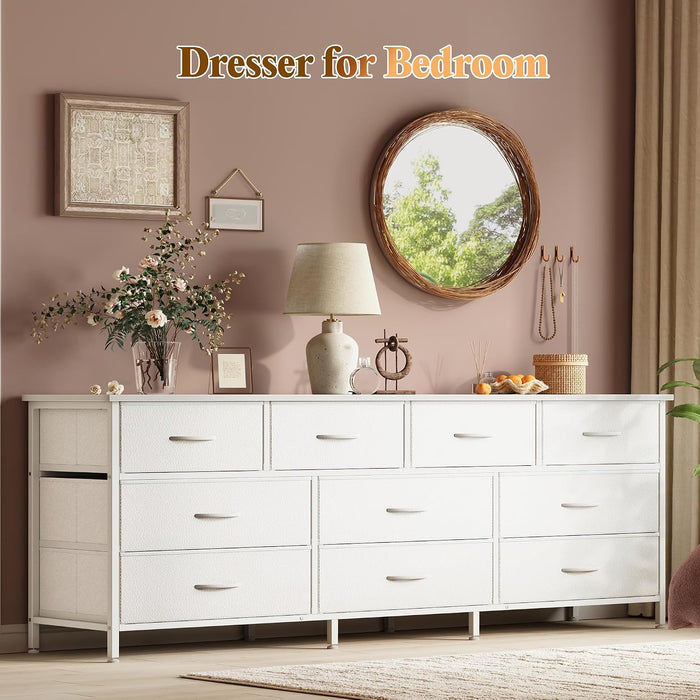63 Inch Dresser for Bedroom, Long Dresser with 10 Fabric Drawers, TV Stand for 55, 65, 70 Inch TV, Toy Storage Organizer for Closet, White