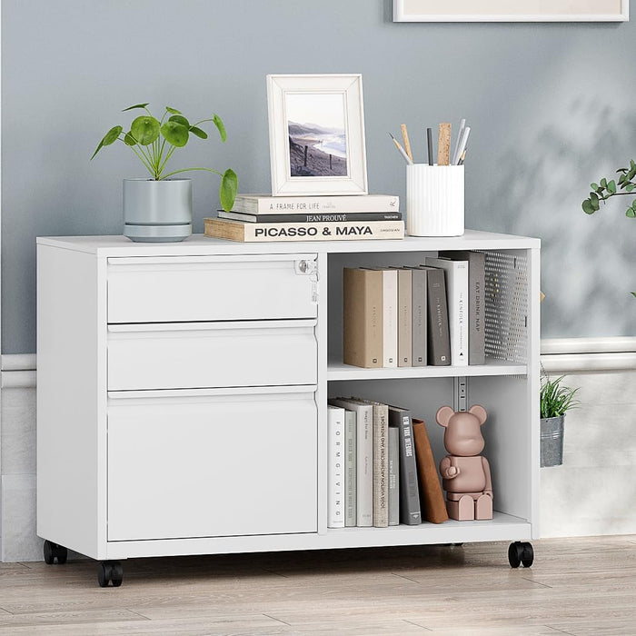 White 3-Drawer Rolling Metal File Cabinet Lockable