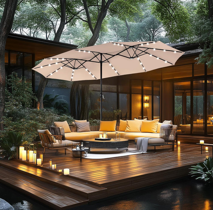 15Ft Patio Umbrella with Solar Lights & Base, Double-Sided, Beige