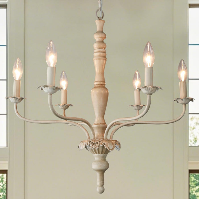 6 Light Farmhouse French White Distressed Chandelier
