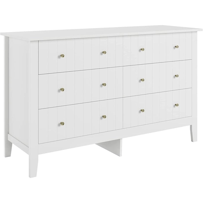 Modern White 6-Drawer Double Dresser, Wide Chest