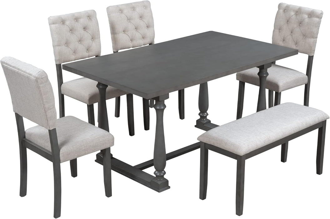 6 Piece Kitchen Dining Table Set, Wooden Rectangular Dining Table with Upholstered Bench and 4 Chairs, Dining Room Table Set for 6 People, Living Room Furniture (Gray, Beige Cushions)