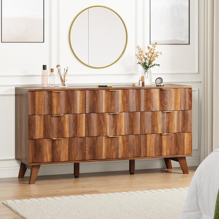Contemporary Walnut 9 Drawer Dresser Fluted Fronts