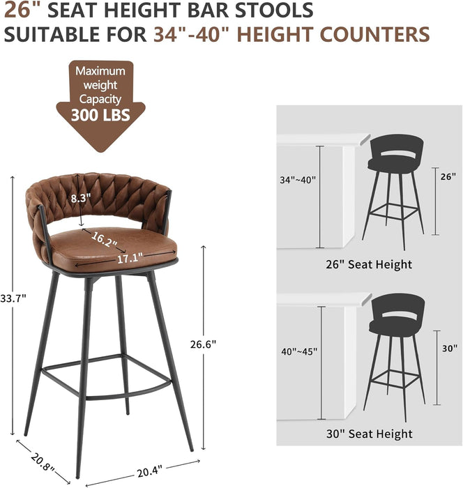 BV Counter Height Bar Stools Set of 4, 26 Inch Seat Height Bar Stools, 180° Swivel Barstools with Woven Back and Footrest, Suede Fabric Counter Stools for Kitchen Island, Bar Pub