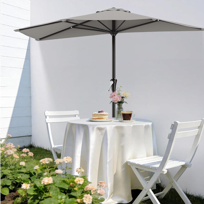 9FT Half Patio Umbrella, Outdoor Wall Umbrella with Crank & 5 Sturdy Ribs, Table 1/2 Umbrella Patio for Garden, Deck, Balcony and Pool, Foggy Gray