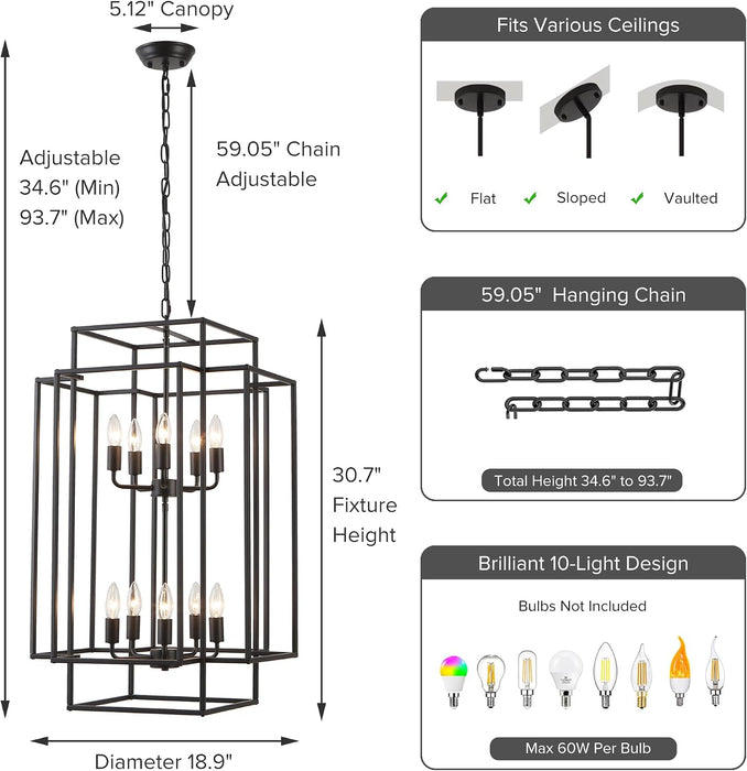 Large Lantern Chandelier for Entryway Foyer, 2-Tier Matte Black Cage Chandelier, 10-Light Hanging Light Fixture for High Ceiling Staircase Living Room