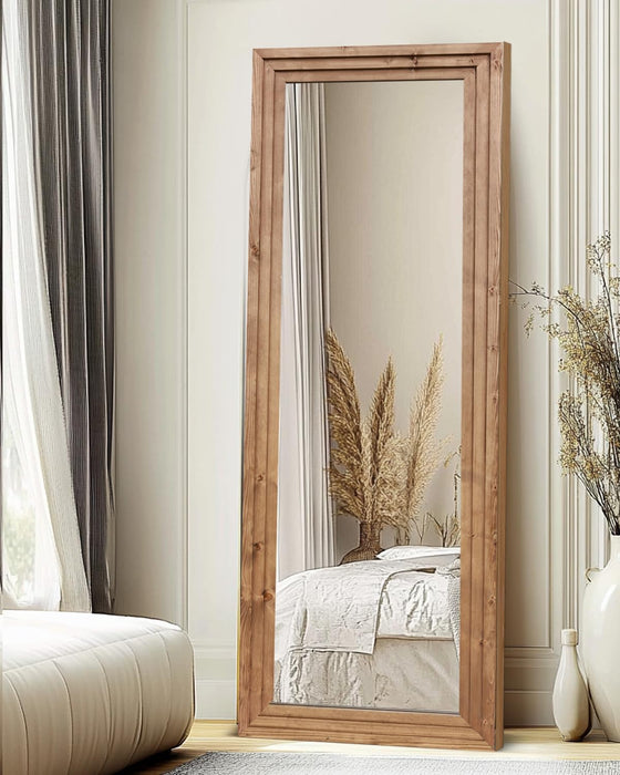 Full Length Mirror 65"X24" Solid Wood Frame Floor Large Mirror for Living Room, Bedroom Hanging or Leaning Wall-Mounted, Light Brown