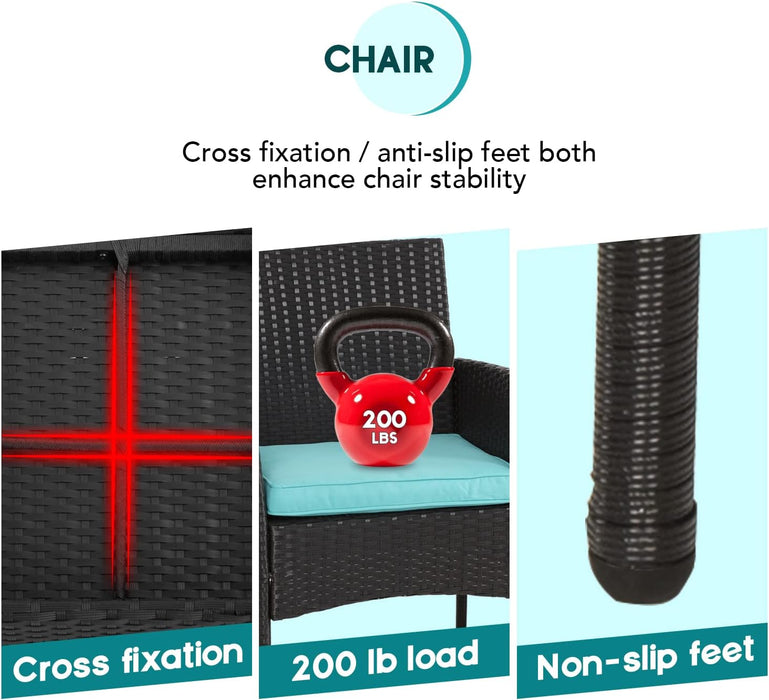 3 Piece Outdoor Furniture Set Patio Wicker Chairs Furniture Bistro Conversation Set 2 Rattan Chairs with Blue Cushions and Glass Coffee Table for Porch Lawn Garden Balcony Backyard