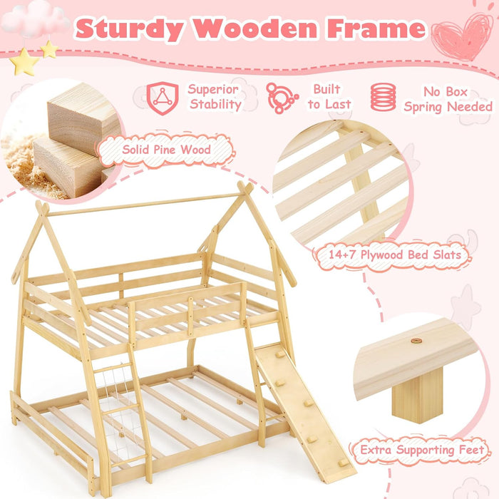 TwoTier Overhead Queen SolidWood Bunk Bed ClimbingNets